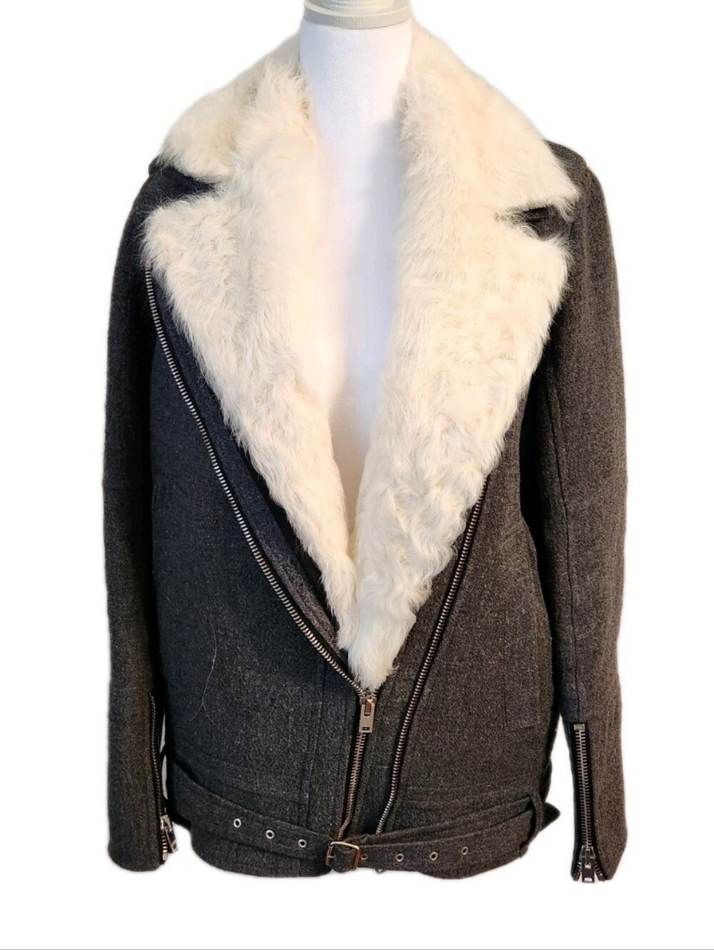 IRO Wool Jacket Coat Funnel Neck Zip-Up Faux Fur Belted Trendy Size XS 36